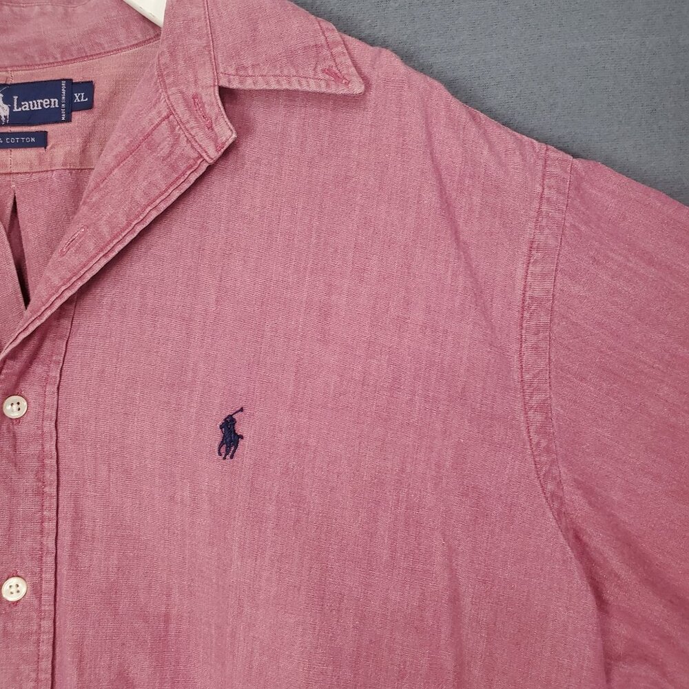 RALPH LAUREN Mens Button‎ Up XL Chambray Salmon Short Sleeve Collar Cotton Logo - Picture 7 of 10